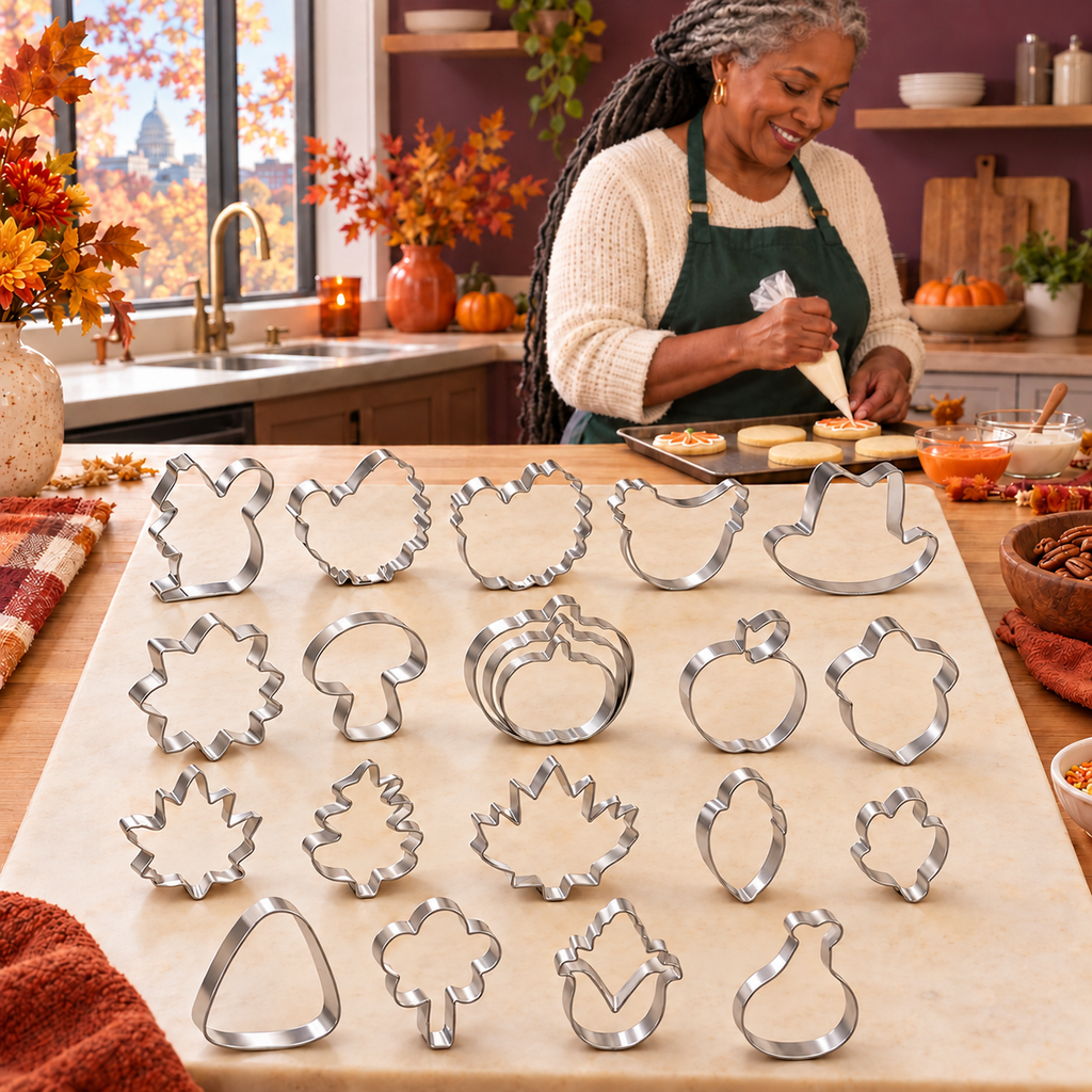 Autumn cookie preparation scene with21cutters including three nested pumpkins