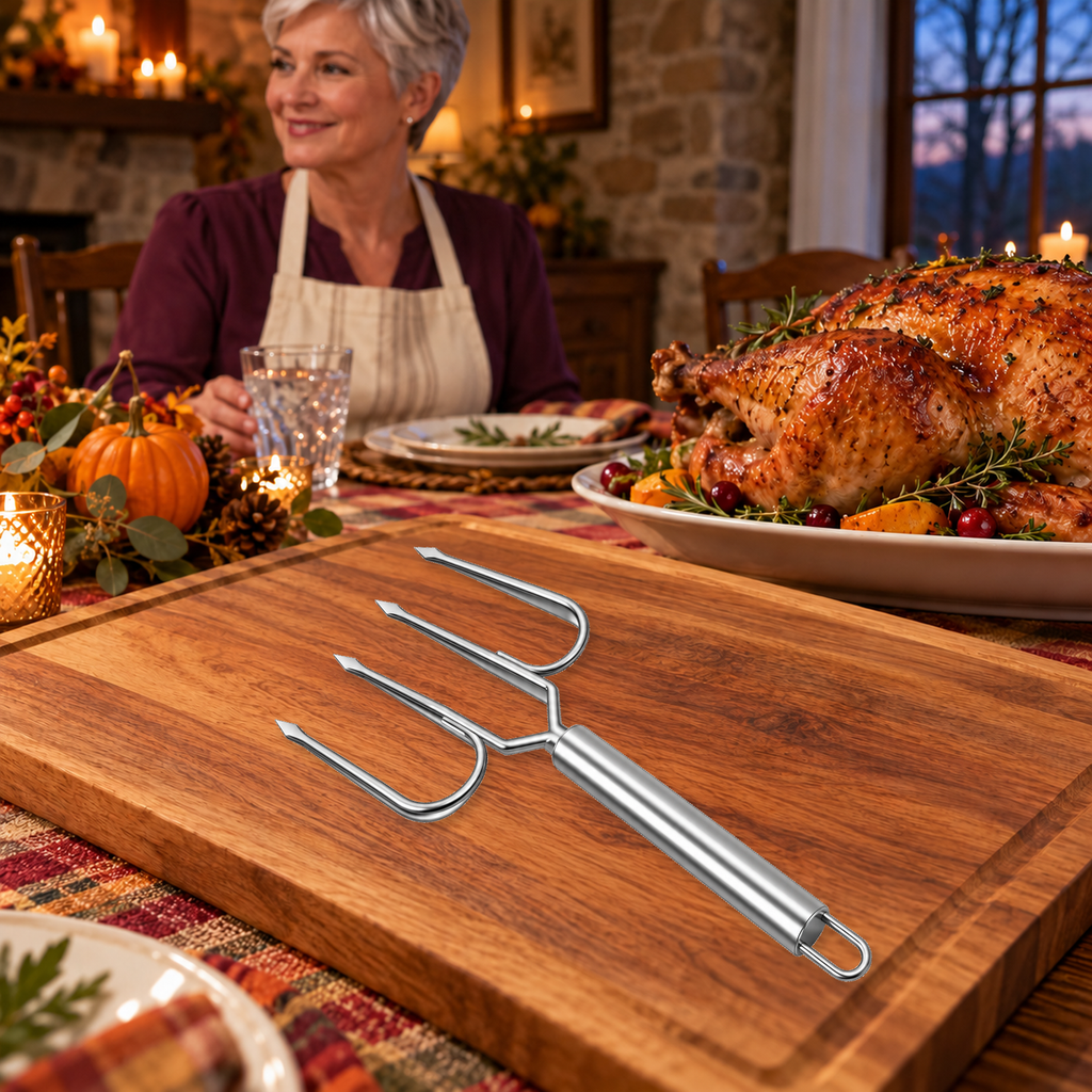 One representative turkey lifting fork on a Pennsylvania Thanksgiving serving board