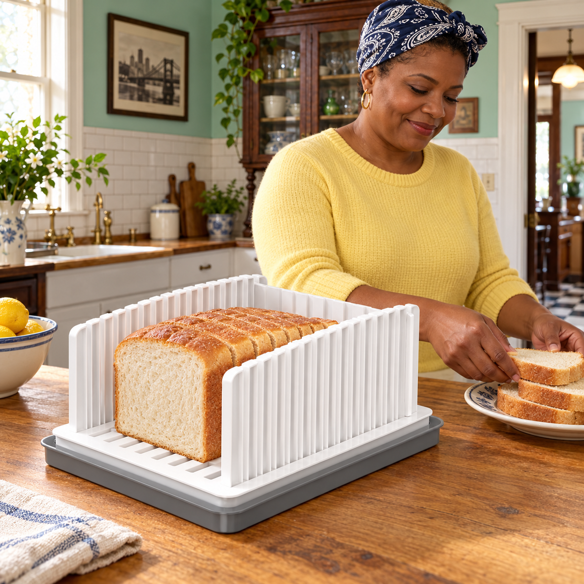 Bread preparation scene with white slicing guide and gray crumb tray