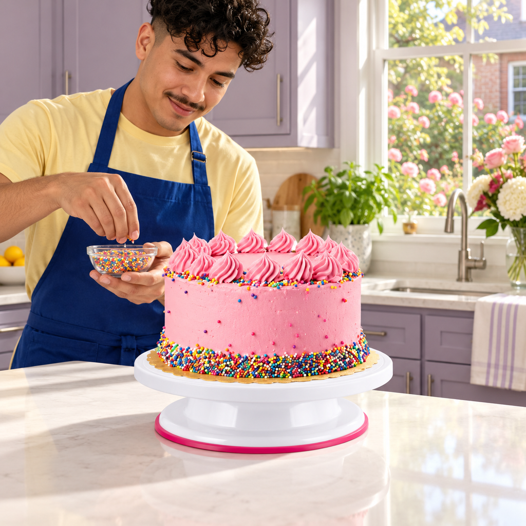 Representative white and pink turntable with cake in a Raleigh home kitchen