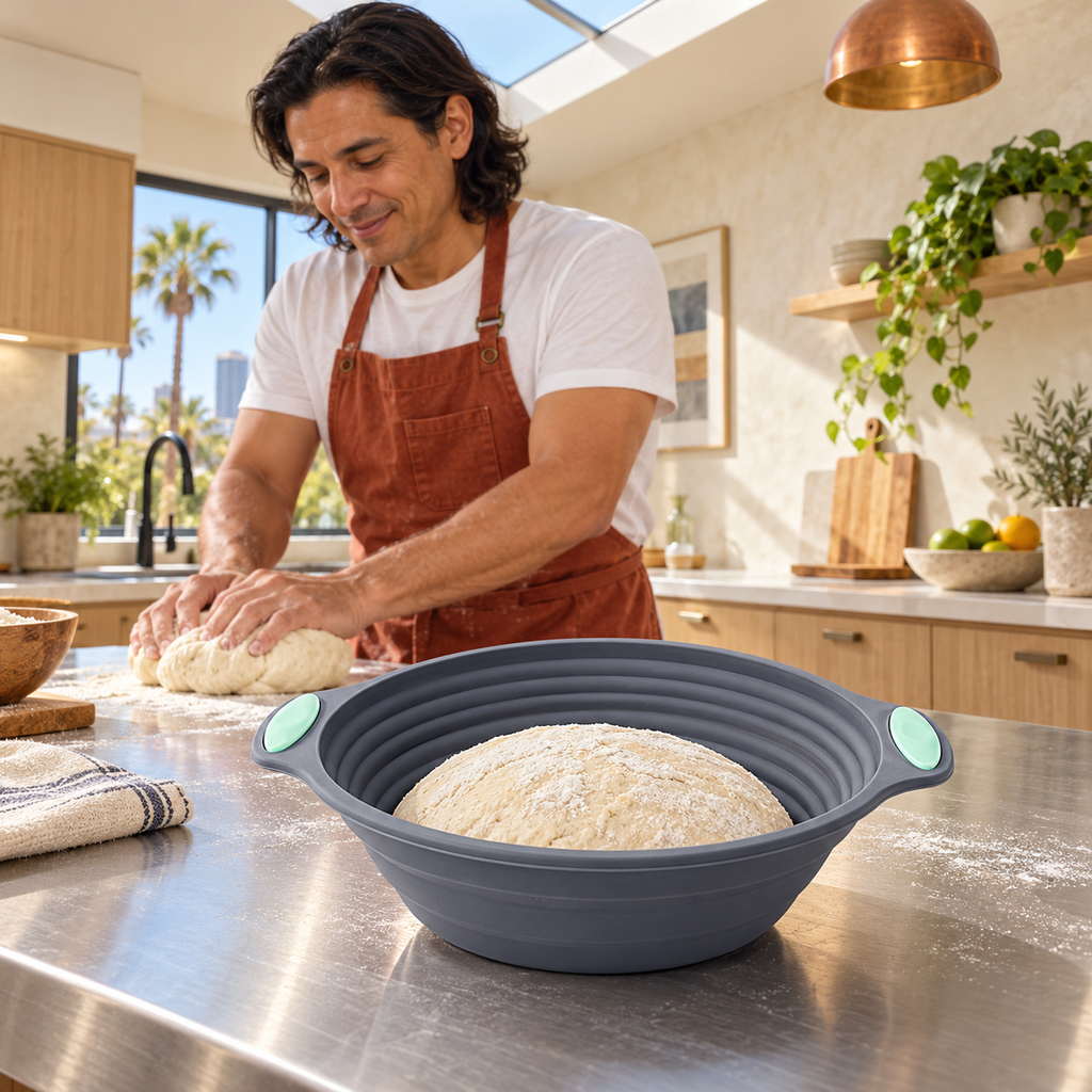 Representative Gray Round basket during bread preparation in a San Diego kitchen
