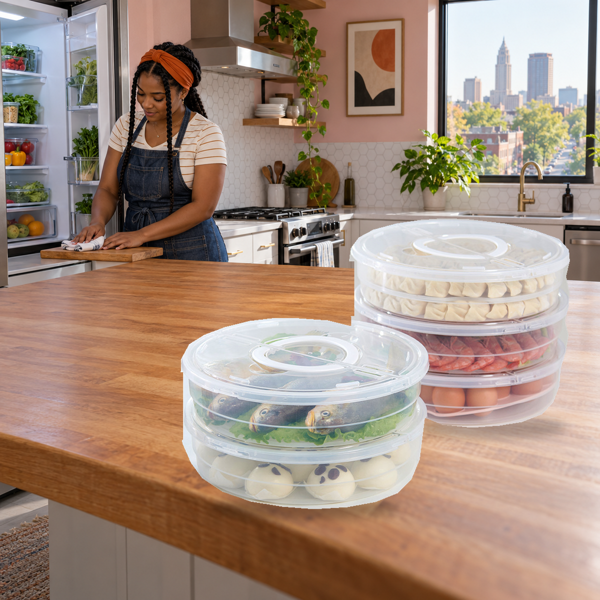Original food-container examples during meal preparation in a Cleveland kitchen