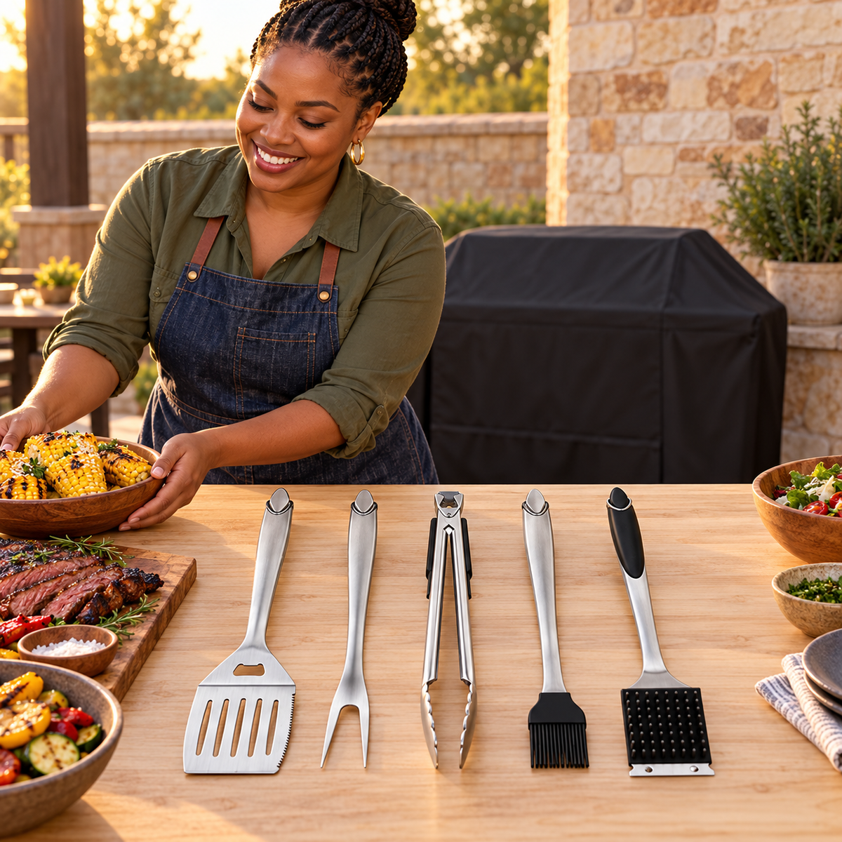 Five BBQ tools arranged on a backyard cookout preparation table