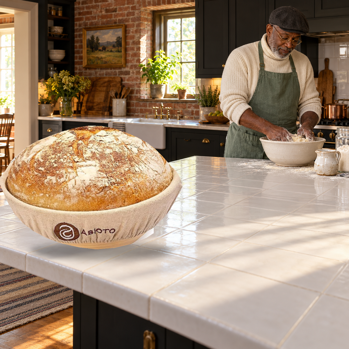 Original round lined basket and loaf in a Lancaster home baking scene