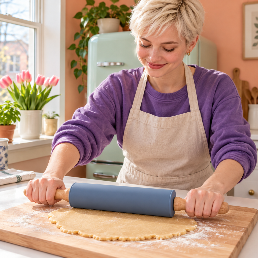 Blue rolling pin in a home cookie dough preparation scene