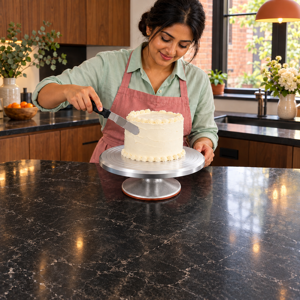 Turntable and offset spatula beside cake preparation in a Columbus home kitchen