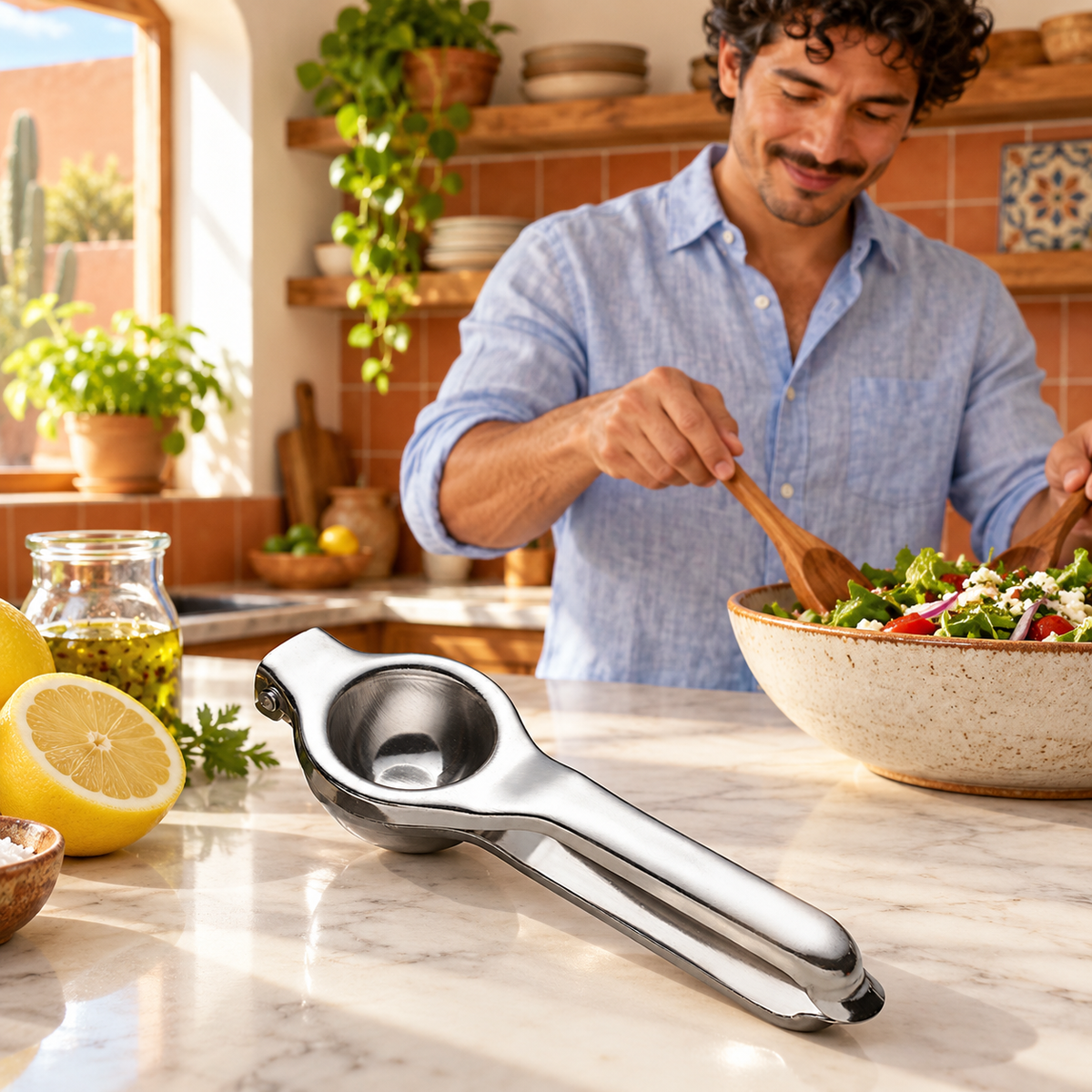 Hand citrus press beside salad preparation ingredients in a home kitchen