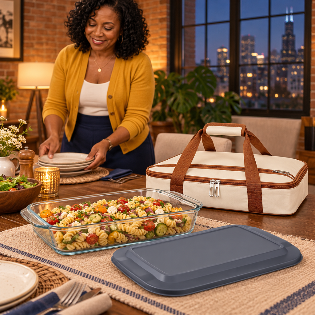 Glass food-container carrier bundle in a Chicago home supper setting
