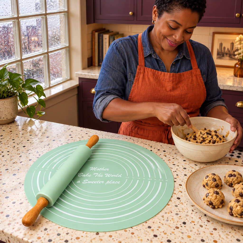 Green pastry mat and rolling pin in a home dough preparation scene