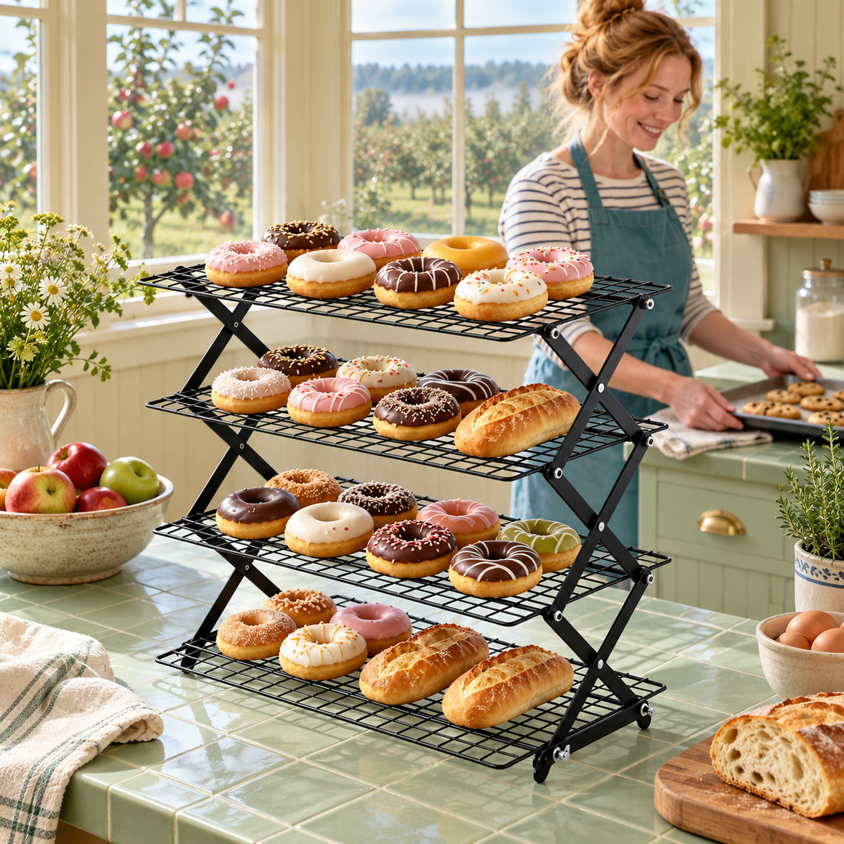 Multi-tier cooling rack with baked goods in a home baking scene