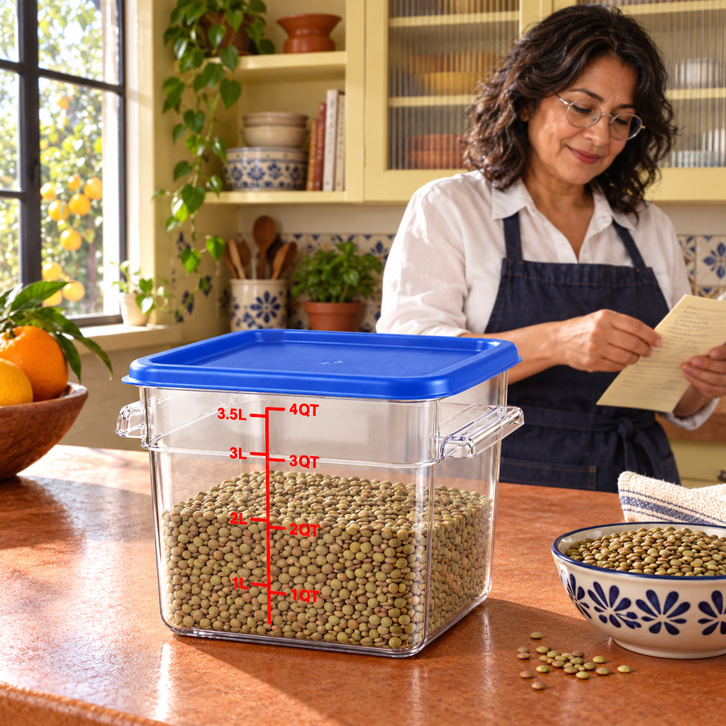 Representative Blue-lid food container in a Sacramento kitchen