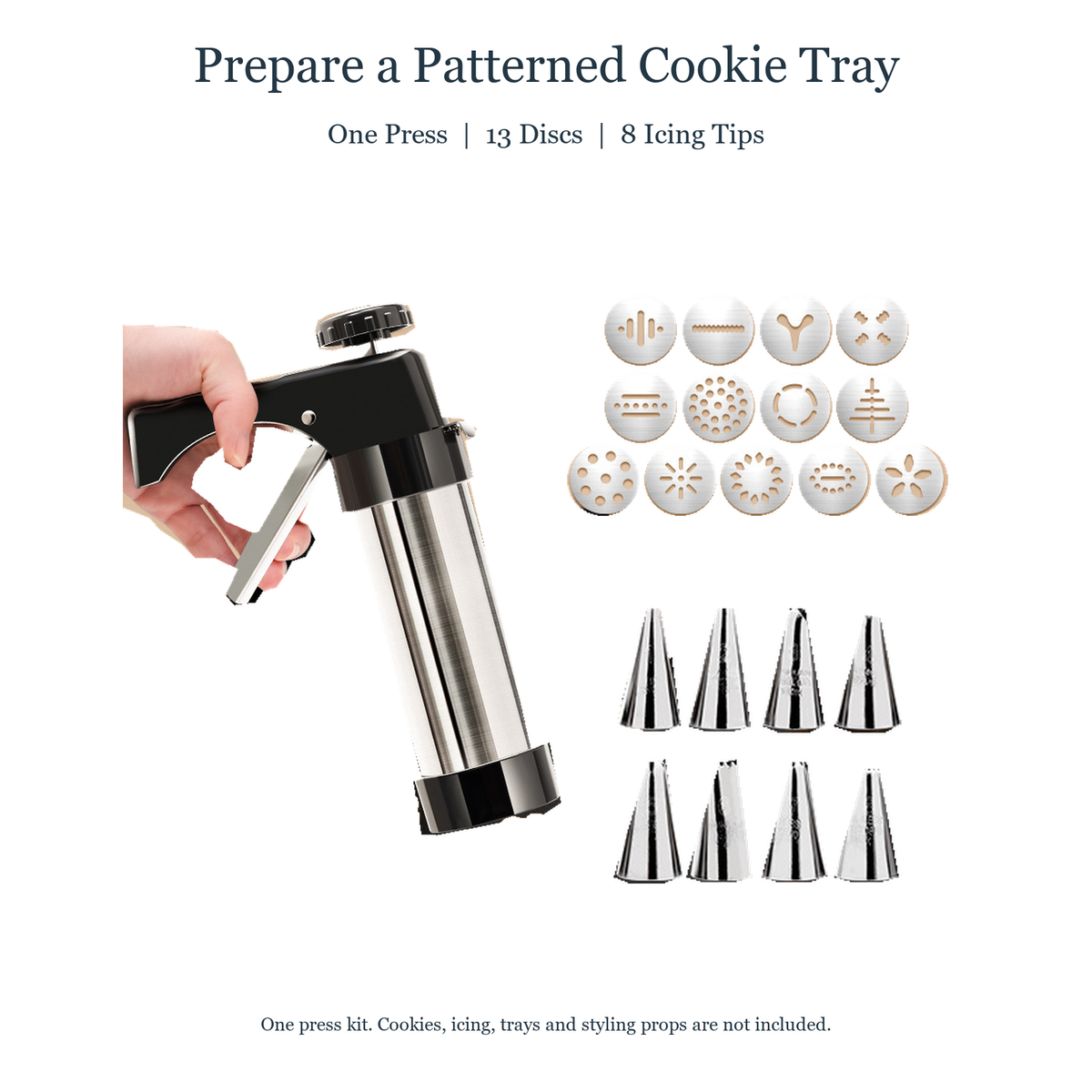 Cookie Press Kit with 13 Discs & 8 Icing Tips for Spritz Cookies - feature