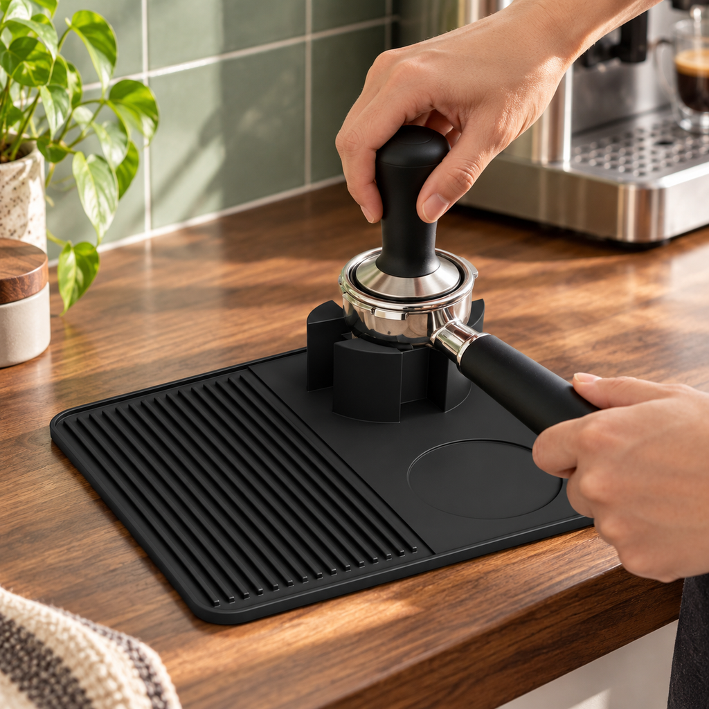 Square Silicone Tamping Mat with Cross-Base Design for Espresso Preparation - Black - cross base - lifestyle