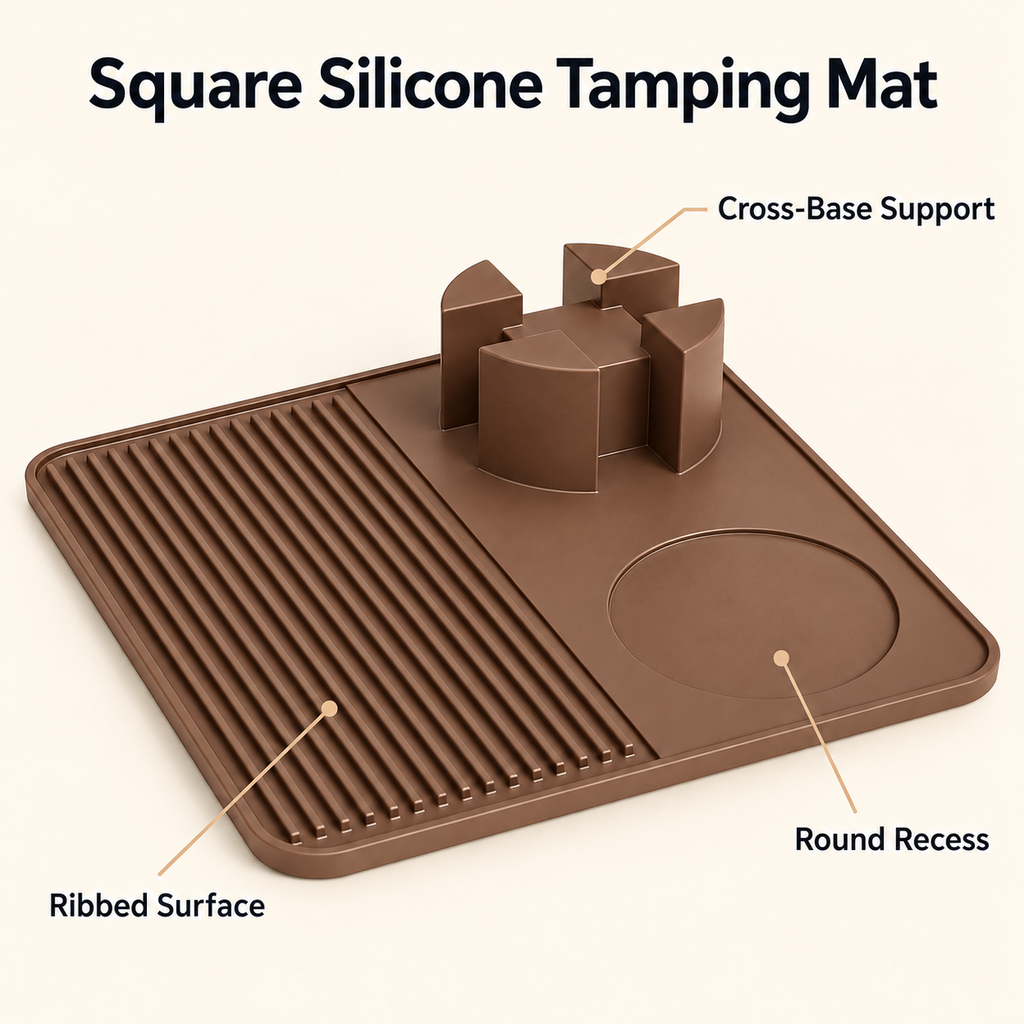 Square Silicone Tamping Mat with Cross-Base Design for Espresso Preparation - Brown - cross base - feature