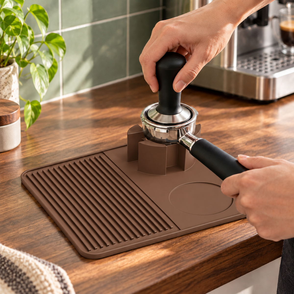 Square Silicone Tamping Mat with Cross-Base Design for Espresso Preparation - Brown - cross base - lifestyle