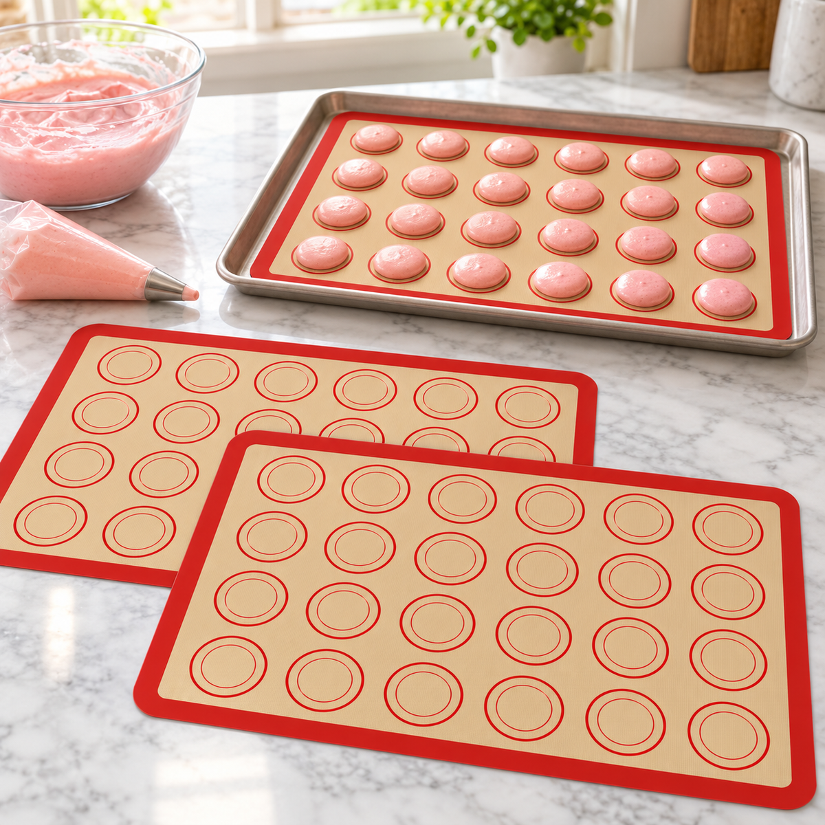 3-Pack Silicone Baking Mats with Size and Pattern Options for Home Baking - Red border and circles 42 x 29.5cm - 3-Pack - lifestyle