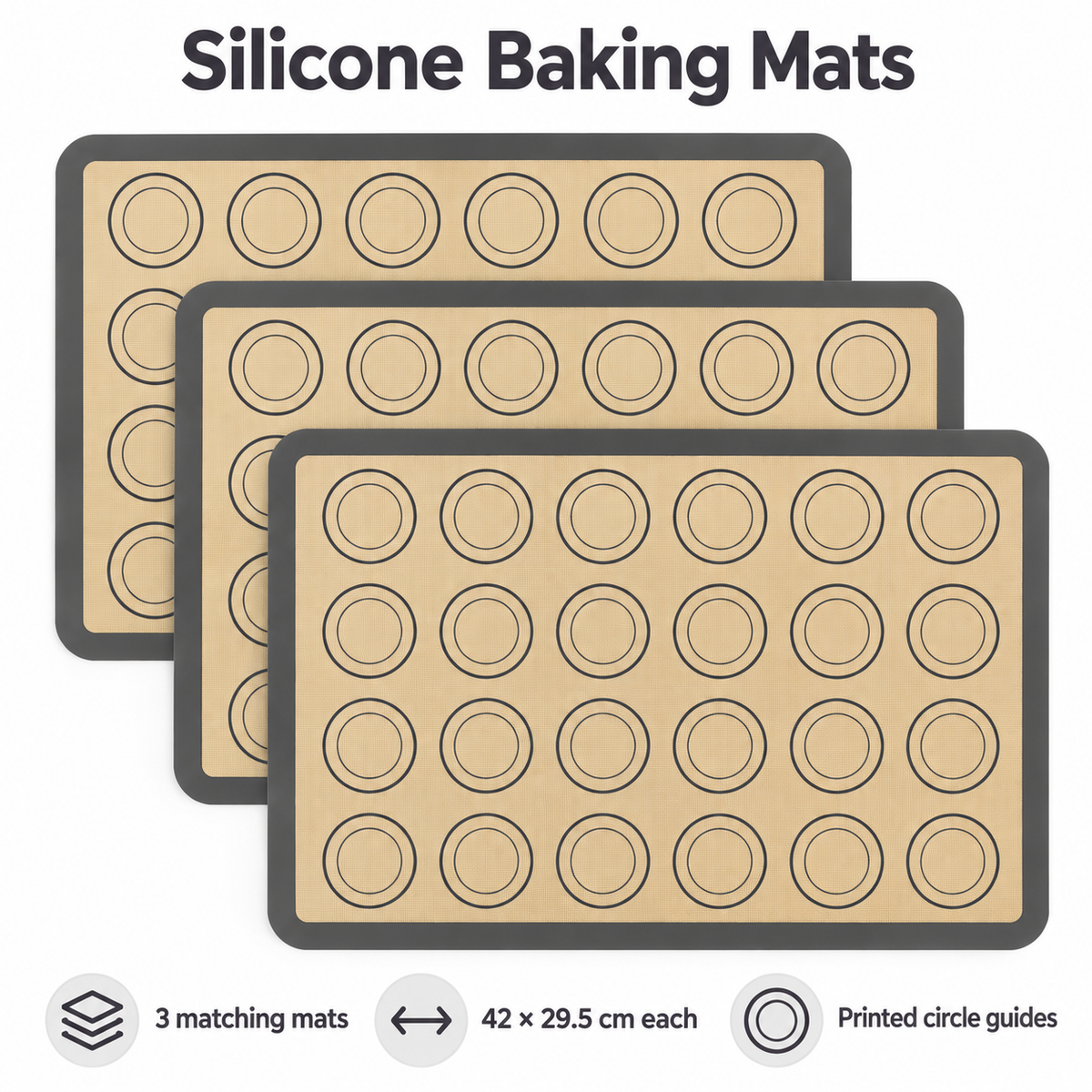 3-Pack Silicone Baking Mats with Size and Pattern Options for Home Baking - Gray border and circles 42 x 29.5cm - 3-Pack - feature