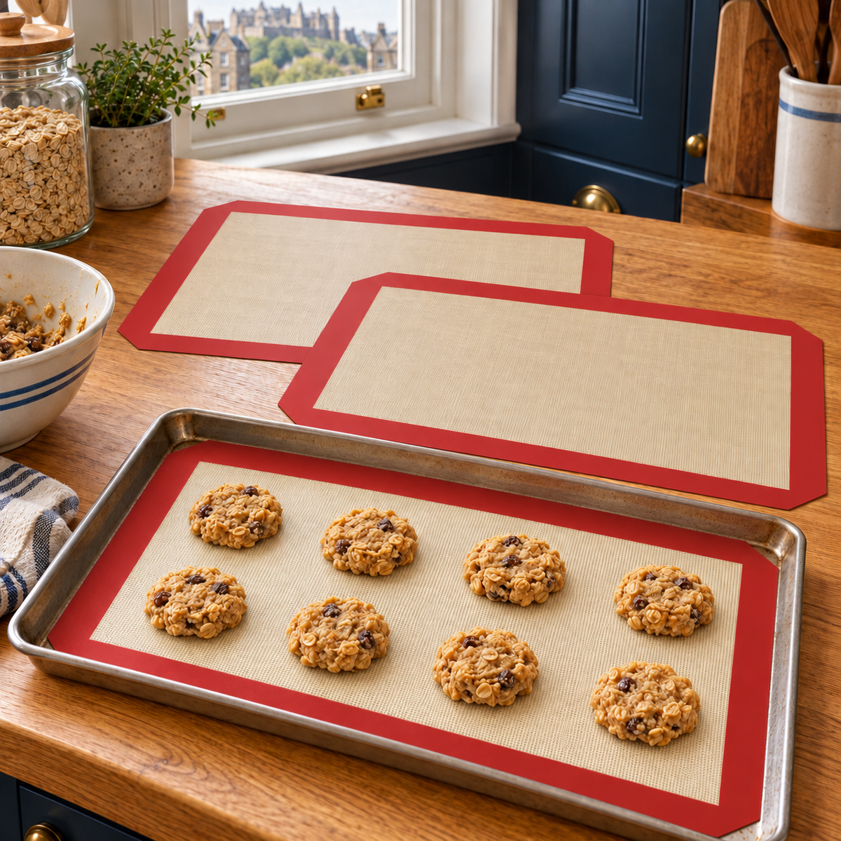 3-Pack Silicone Baking Mats with Size and Pattern Options for Home Baking - Red cut-corner 42 x 29.5cm - 3-Pack - lifestyle