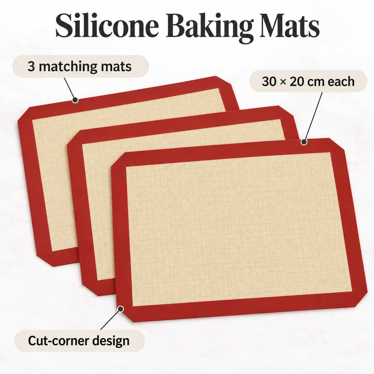 3-Pack Silicone Baking Mats with Size and Pattern Options for Home Baking - Red cut-corner 30 x 20cm - 3-Pack - feature