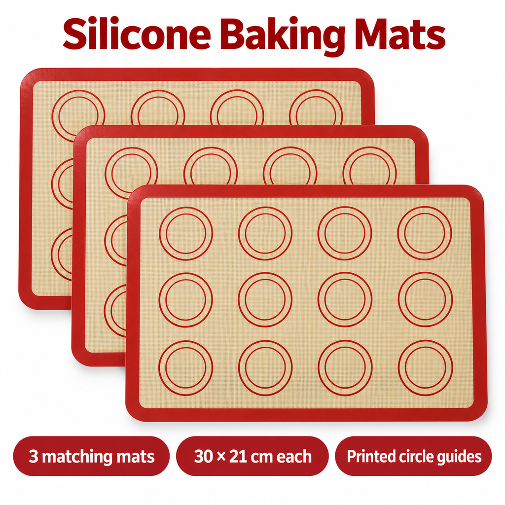 3-Pack Silicone Baking Mats with Size and Pattern Options for Home Baking - Red border and circles 30 x 21cm - 3-Pack - feature