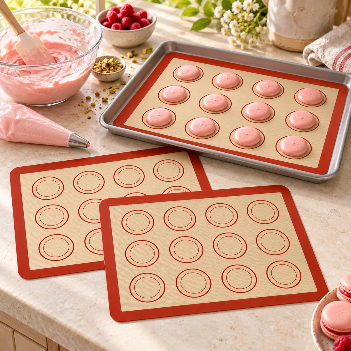 3-Pack Silicone Baking Mats with Size and Pattern Options for Home Baking - Red border and circles 30 x 21cm - 3-Pack - lifestyle
