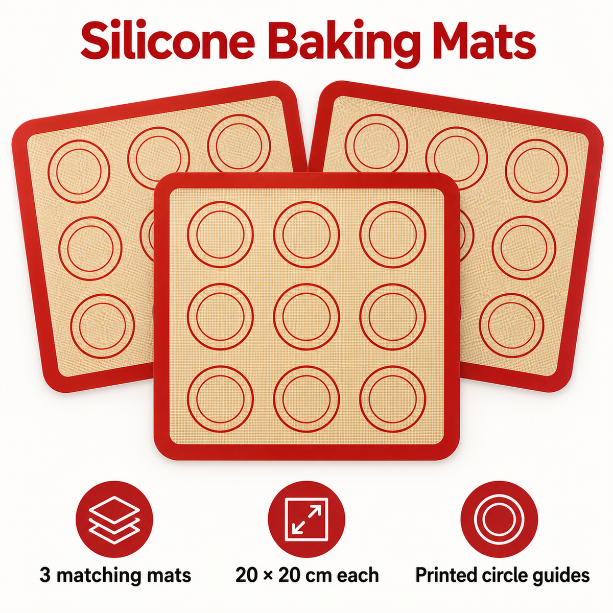 3-Pack Silicone Baking Mats with Size and Pattern Options for Home Baking - Red border and circles 20 x 20cm - 3-Pack - feature