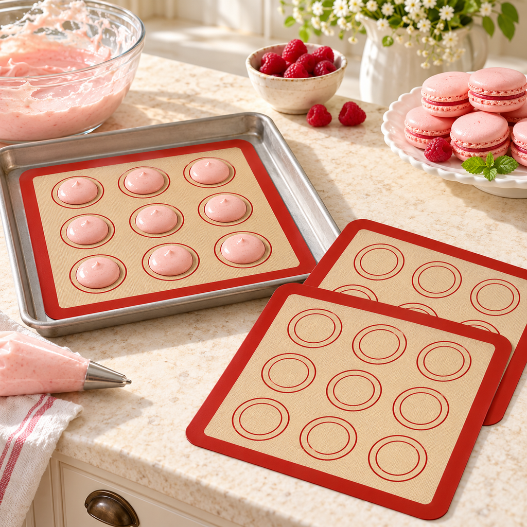 3-Pack Silicone Baking Mats with Size and Pattern Options for Home Baking - Red border and circles 20 x 20cm - 3-Pack - lifestyle