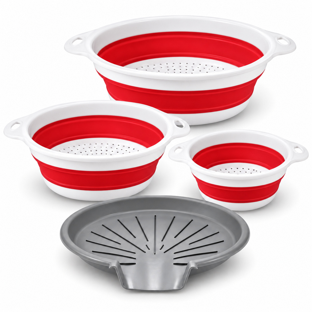 3 Collapsible Colanders with Drain Base for Kitchen Rinsing and Storage - Red - 3 baskets and base - main
