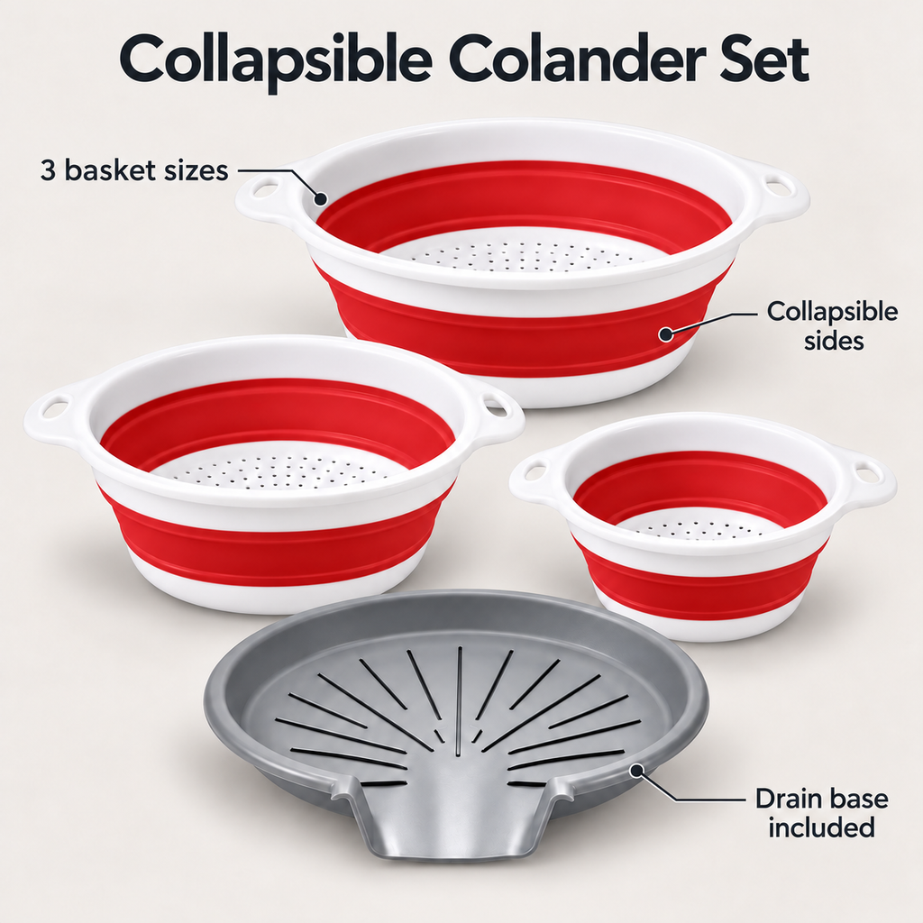 3 Collapsible Colanders with Drain Base for Kitchen Rinsing and Storage - Red - 3 baskets and base - feature