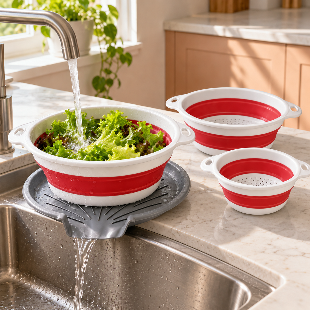 3 Collapsible Colanders with Drain Base for Kitchen Rinsing and Storage - Red - 3 baskets and base - lifestyle
