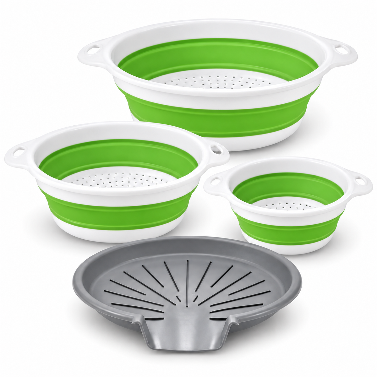 3 Collapsible Colanders with Drain Base for Kitchen Rinsing and Storage - Green - 3 baskets and base - main