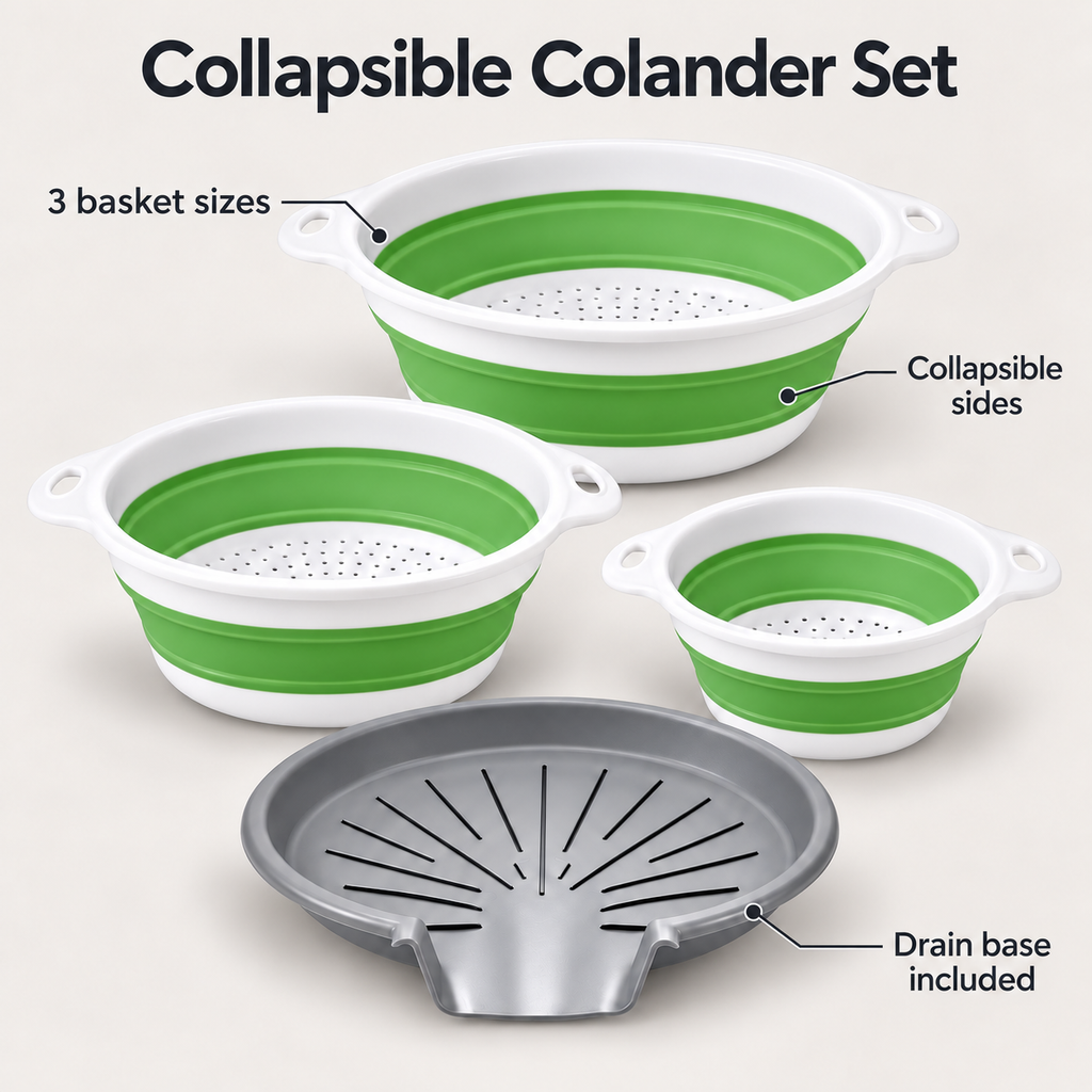 3 Collapsible Colanders with Drain Base for Kitchen Rinsing and Storage - Green - 3 baskets and base - feature
