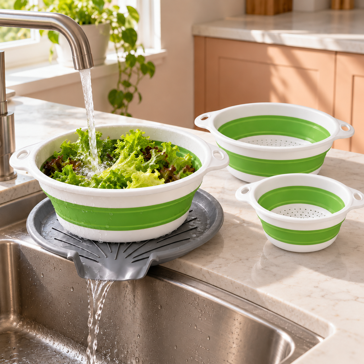 3 Collapsible Colanders with Drain Base for Kitchen Rinsing and Storage - Green - 3 baskets and base - lifestyle