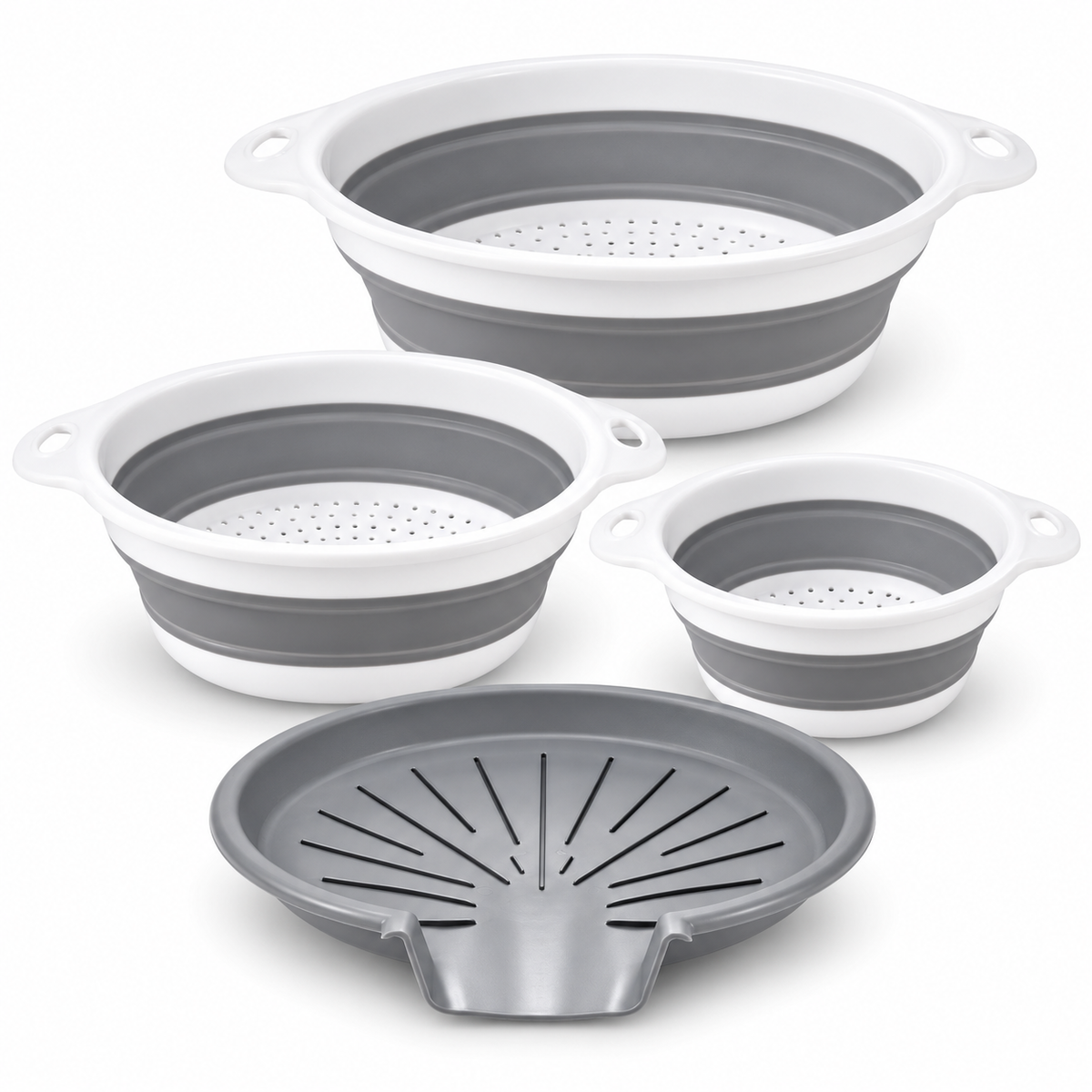 3 Collapsible Colanders with Drain Base for Kitchen Rinsing and Storage - Gray-White - 3 baskets and base - main