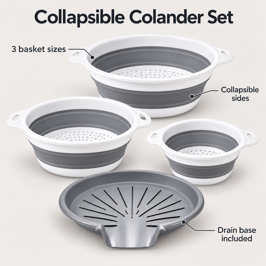3 Collapsible Colanders with Drain Base for Kitchen Rinsing and Storage - Gray-White - 3 baskets and base - feature