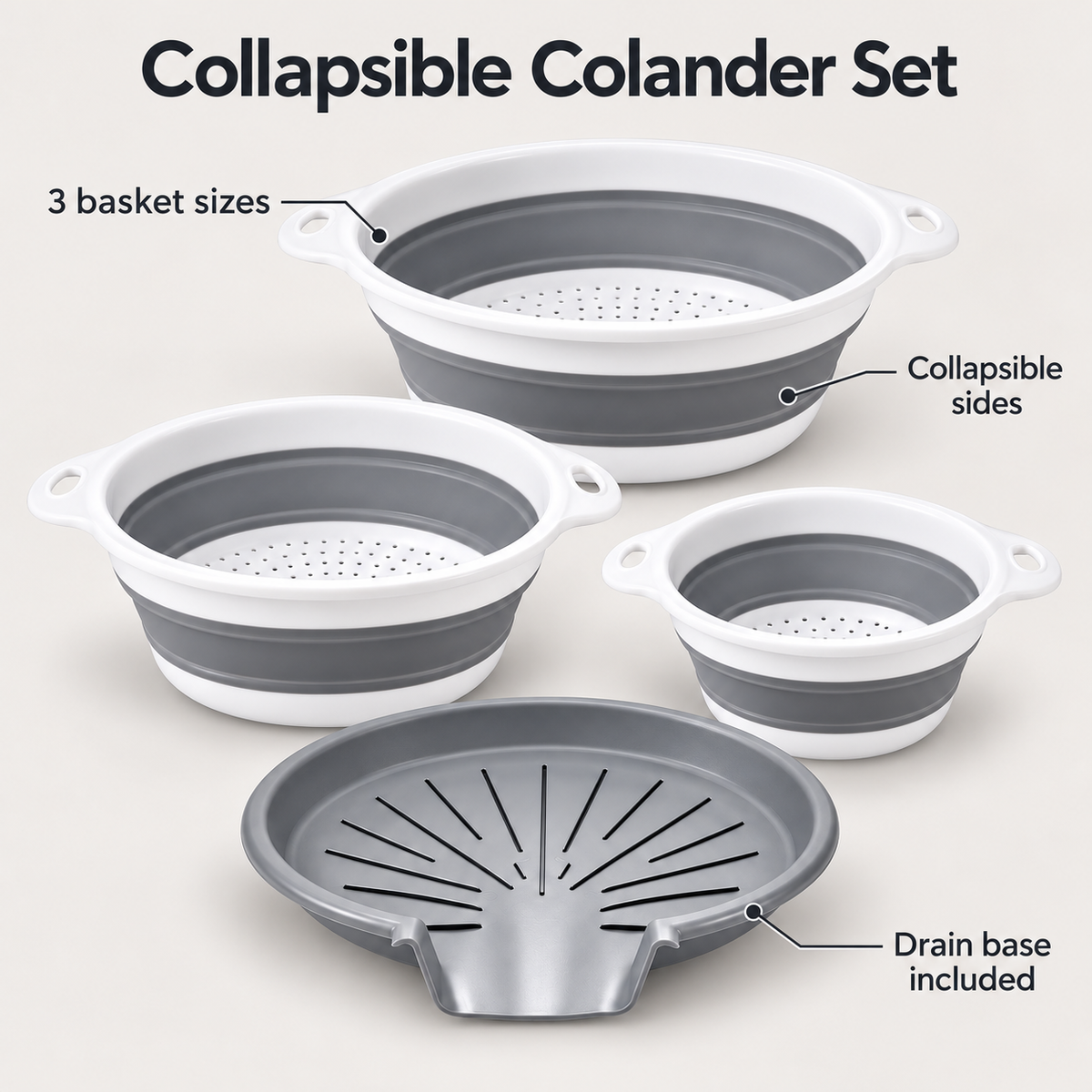 3 Collapsible Colanders with Drain Base for Kitchen Rinsing and Storage - Gray-White - 3 baskets and base - feature