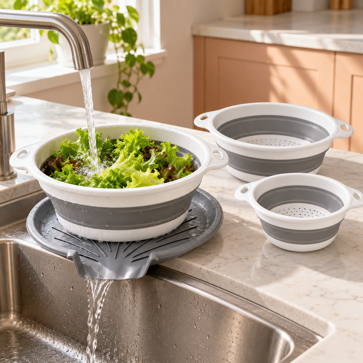 3 Collapsible Colanders with Drain Base for Kitchen Rinsing and Storage - Gray-White - 3 baskets and base - lifestyle