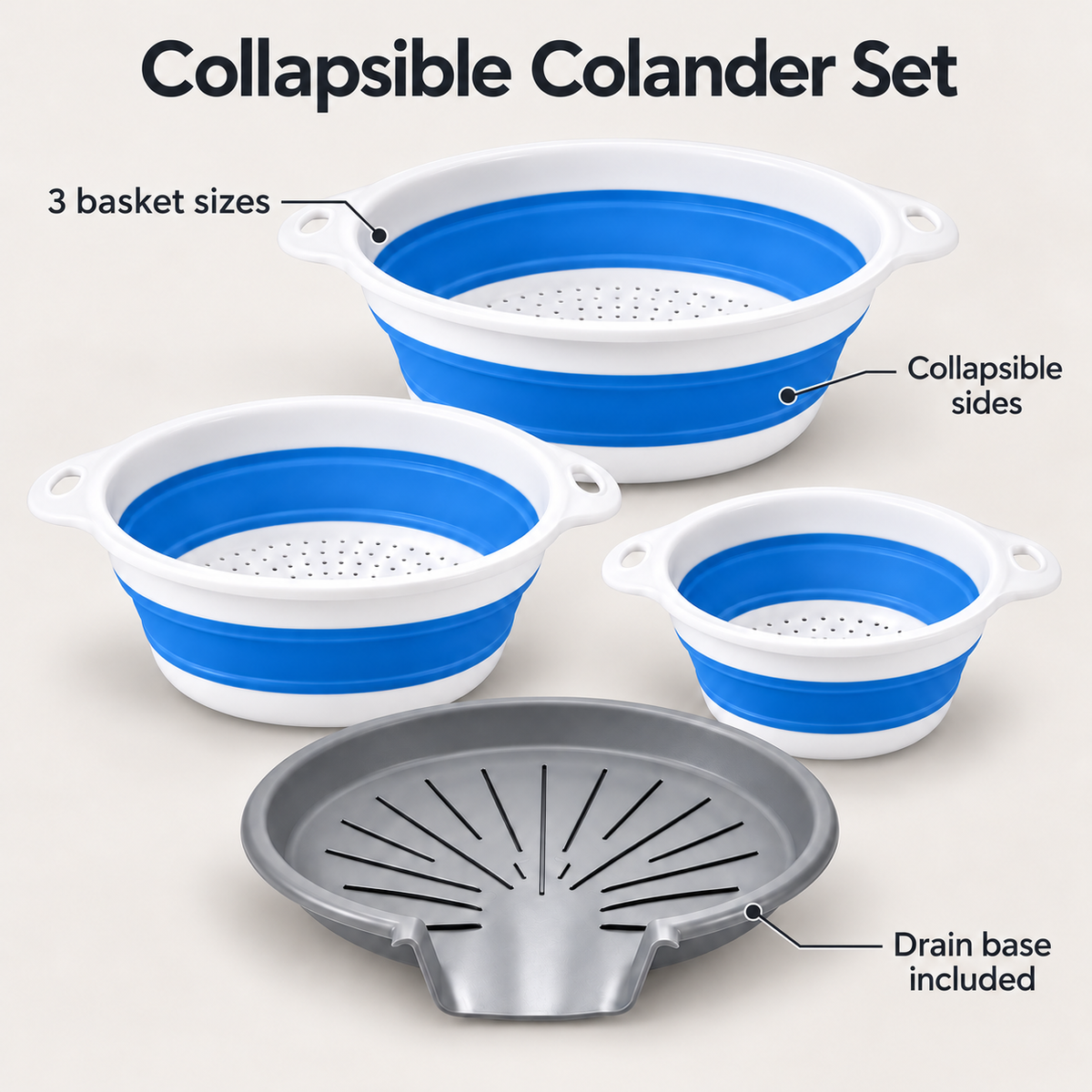 3 Collapsible Colanders with Drain Base for Kitchen Rinsing and Storage - Blue - 3 baskets and base - feature