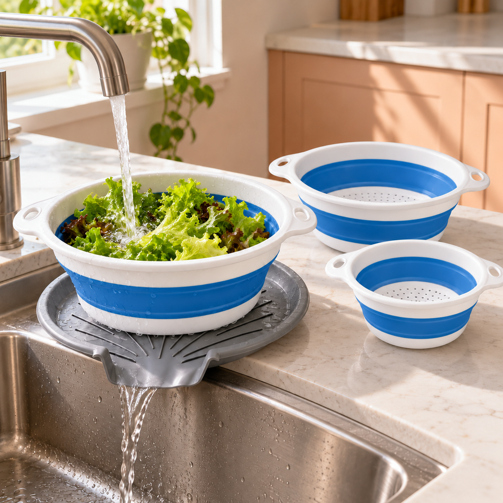 3 Collapsible Colanders with Drain Base for Kitchen Rinsing and Storage - Blue - 3 baskets and base - lifestyle