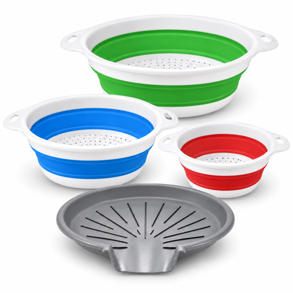 3 Collapsible Colanders with Drain Base for Kitchen Rinsing and Storage - Large Green + Medium Blue + Small Red + base - main