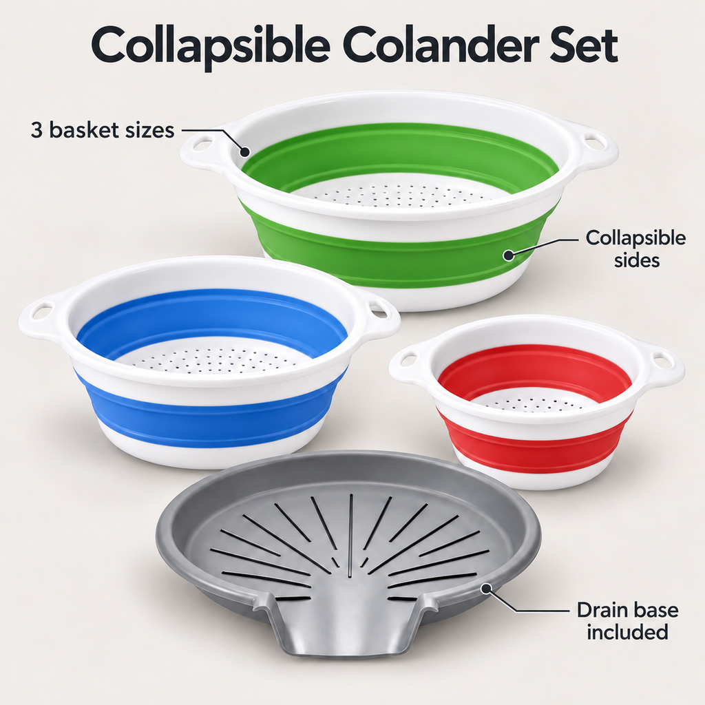 3 Collapsible Colanders with Drain Base for Kitchen Rinsing and Storage - Large Green + Medium Blue + Small Red + base - feature