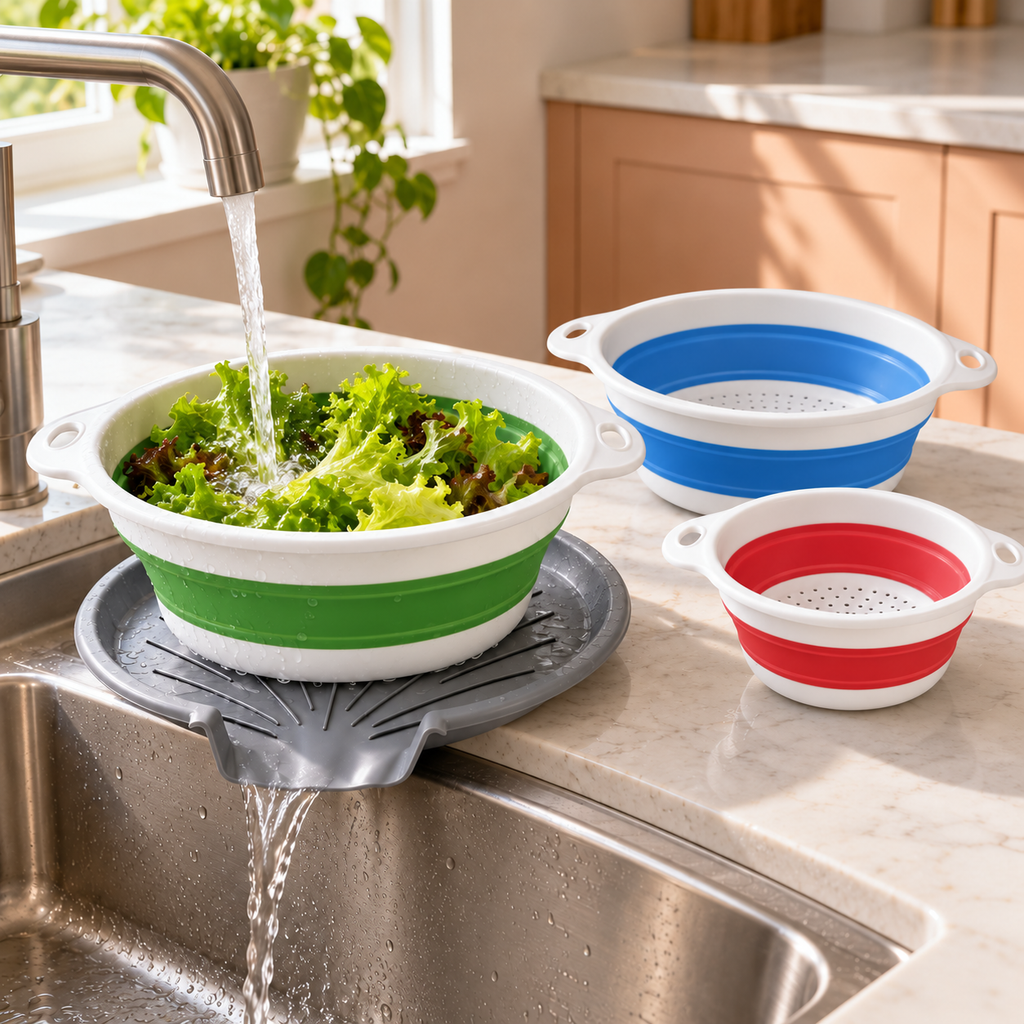 3 Collapsible Colanders with Drain Base for Kitchen Rinsing and Storage - Large Green + Medium Blue + Small Red + base - lifestyle