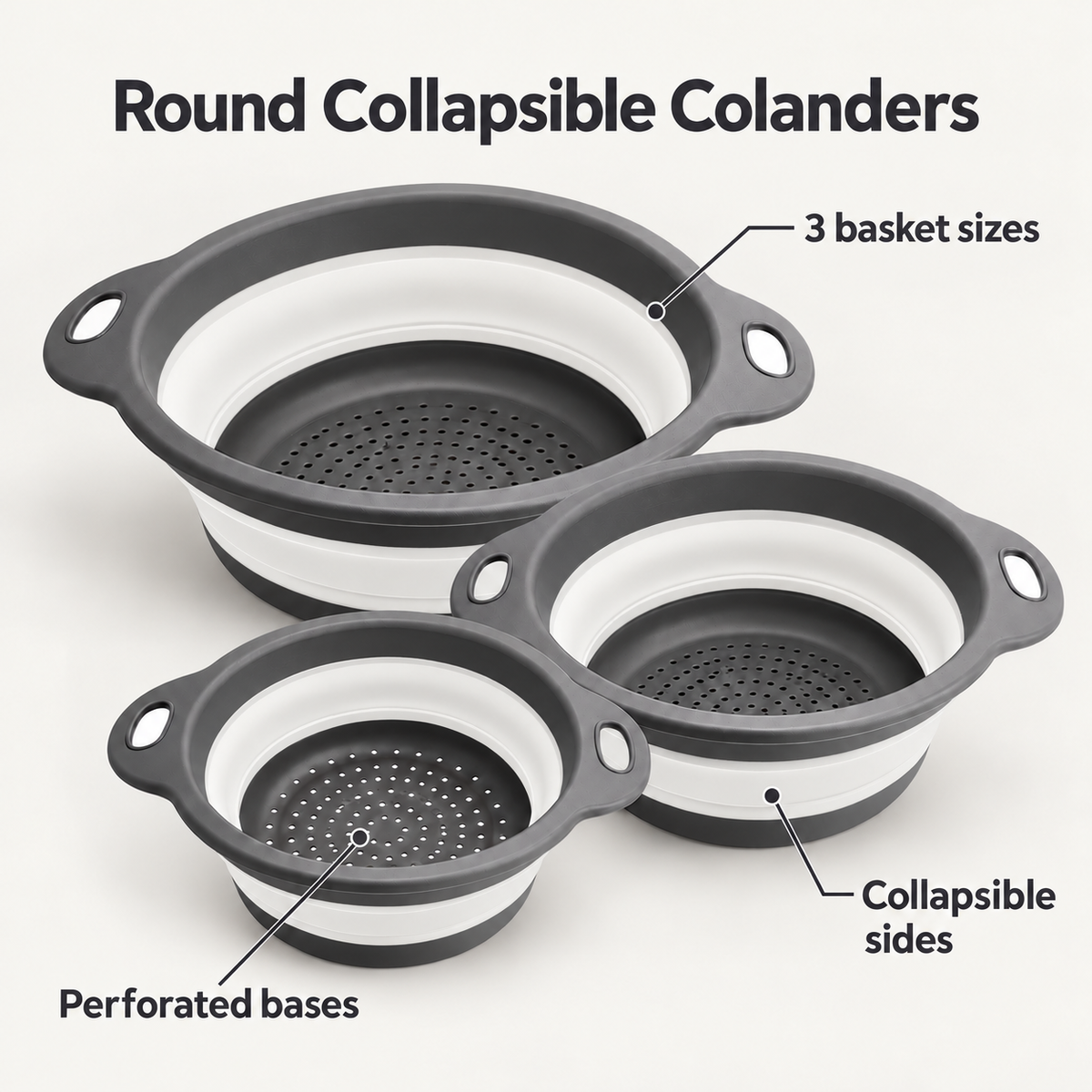 Round Collapsible Colander Set with Single and Multi-Basket Options - Gray-White - 3 baskets - feature