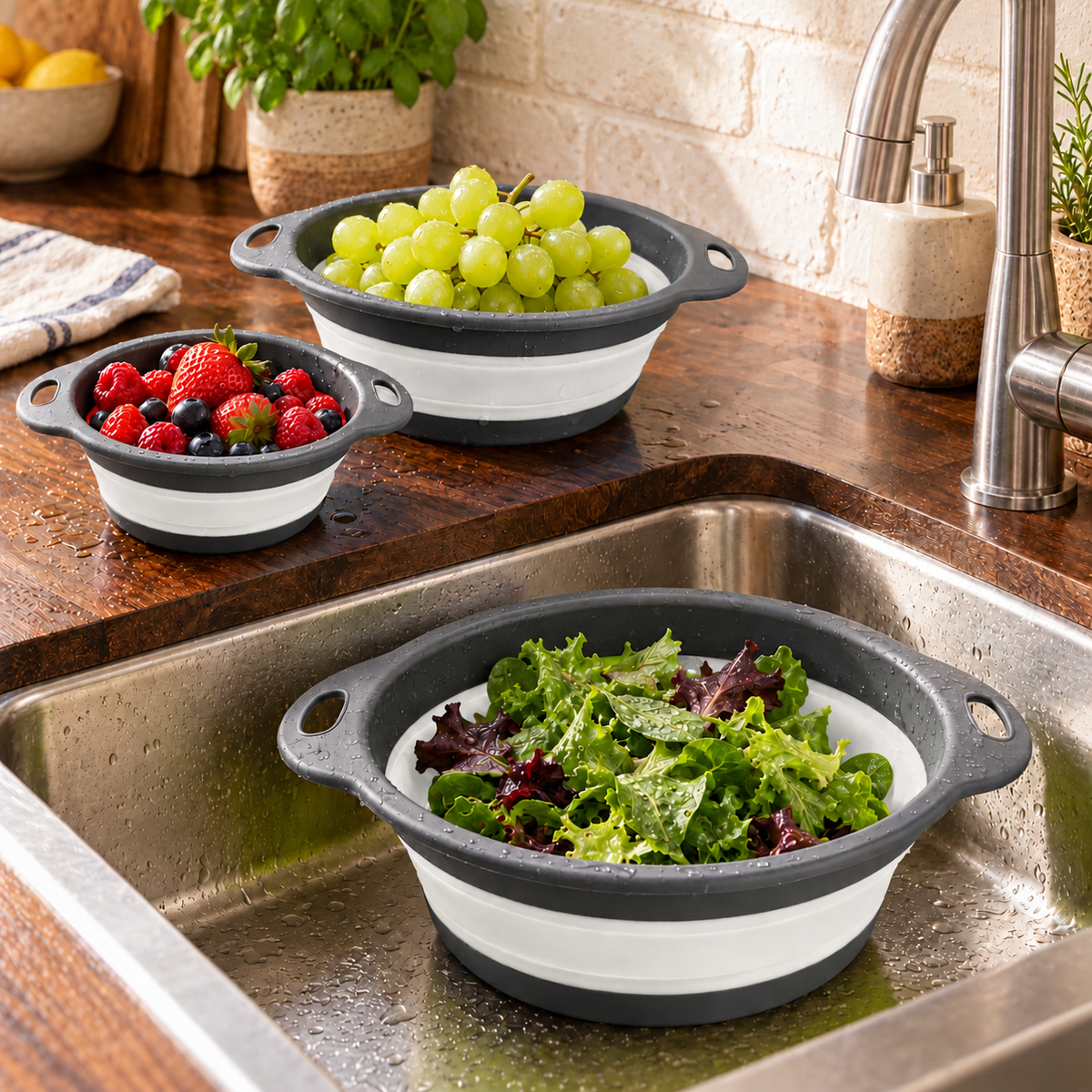 Round Collapsible Colander Set with Single and Multi-Basket Options - Gray-White - 3 baskets - lifestyle