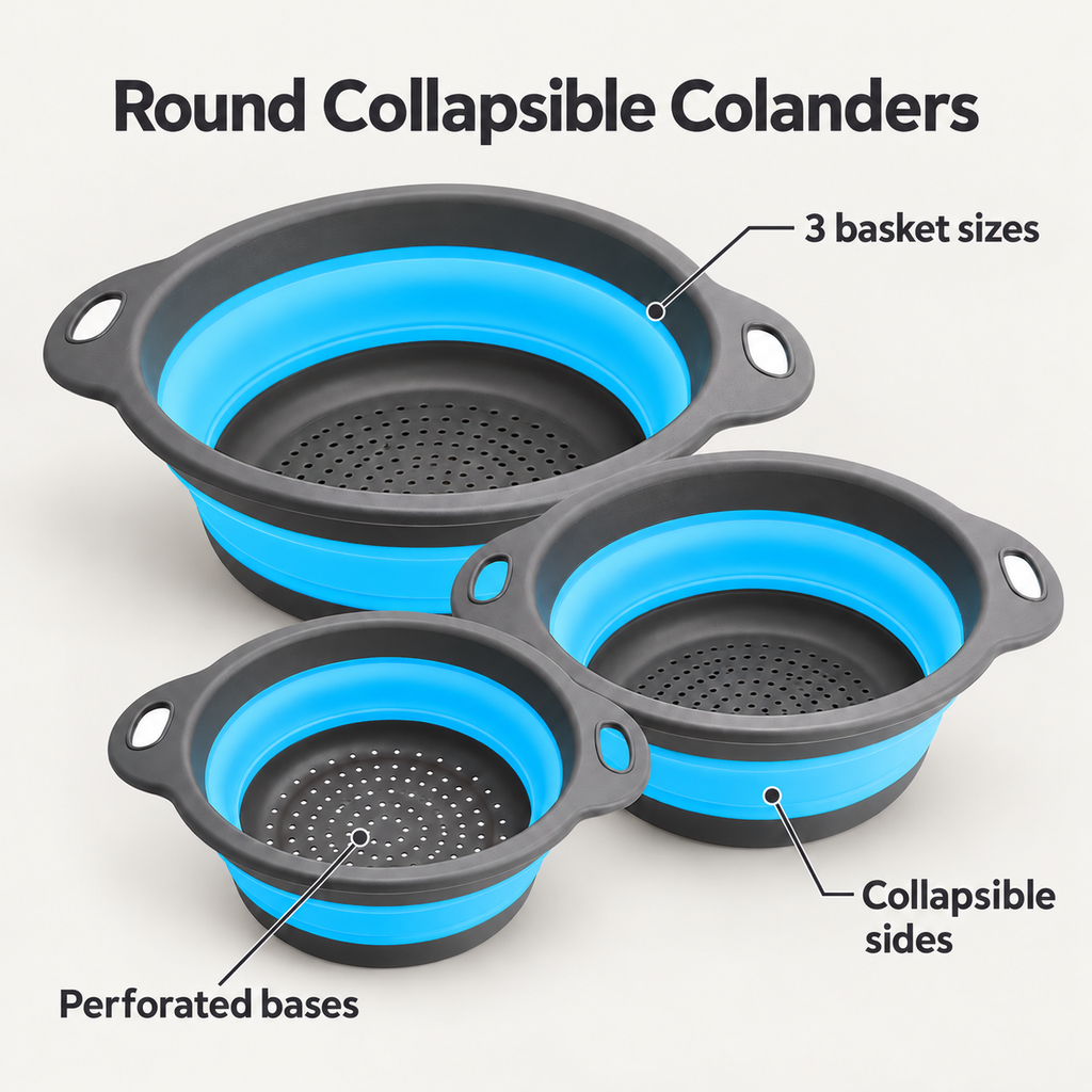 Round Collapsible Colander Set with Single and Multi-Basket Options - Blue - 3 baskets - feature