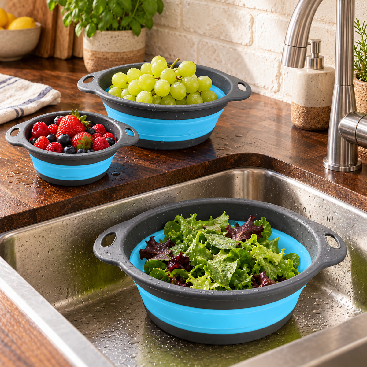 Round Collapsible Colander Set with Single and Multi-Basket Options - Blue - 3 baskets - lifestyle