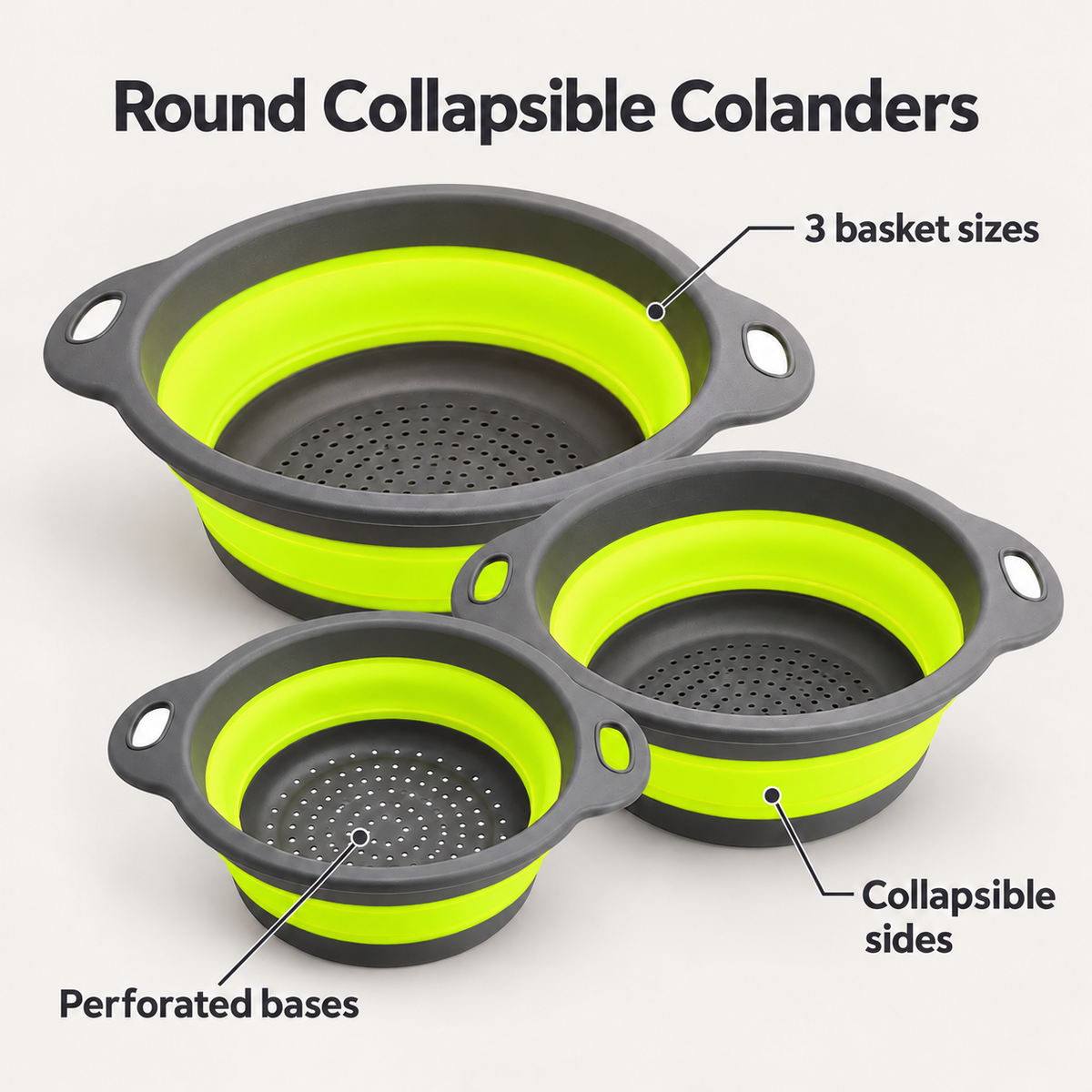 Round Collapsible Colander Set with Single and Multi-Basket Options - Green - 3 baskets - feature
