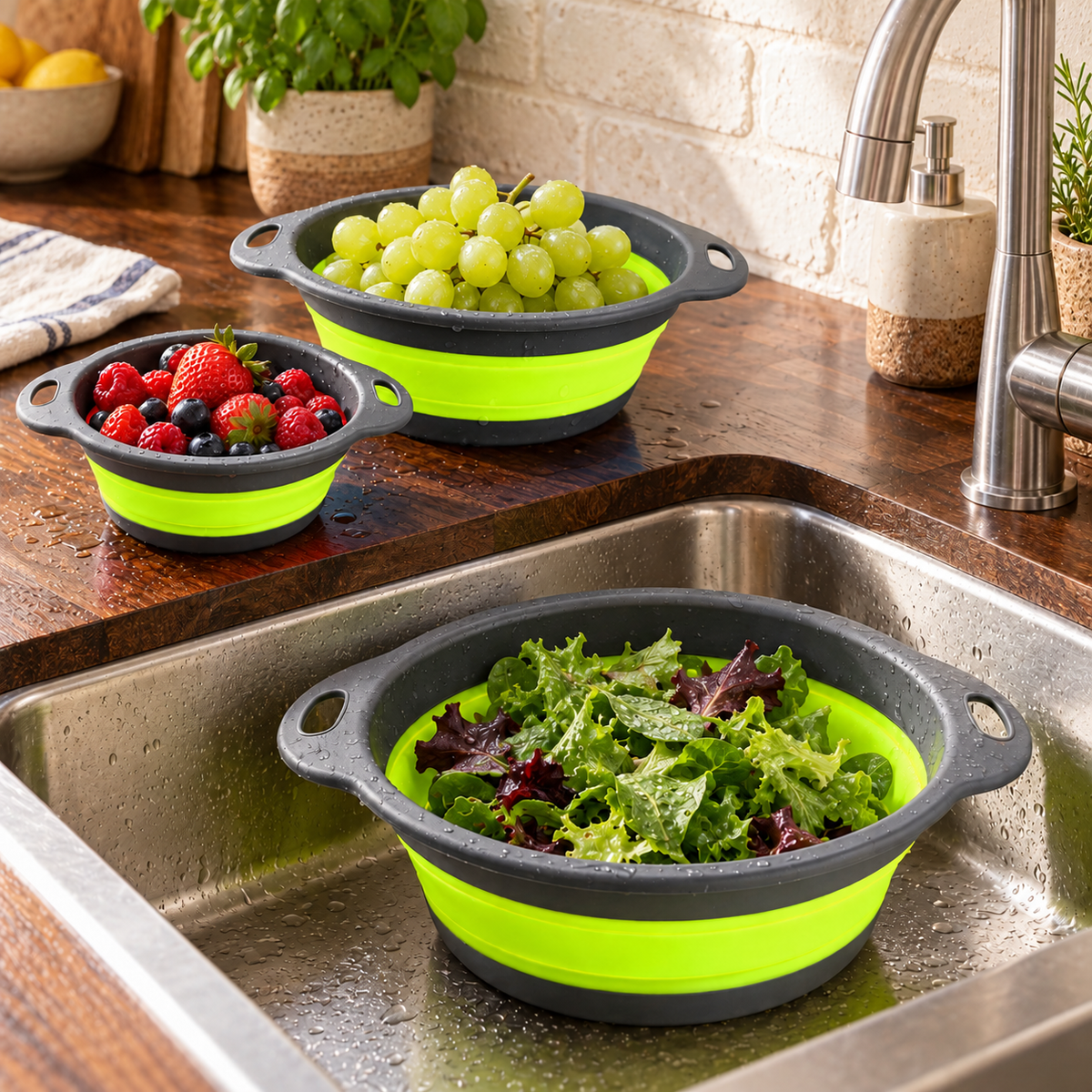 Round Collapsible Colander Set with Single and Multi-Basket Options - Green - 3 baskets - lifestyle