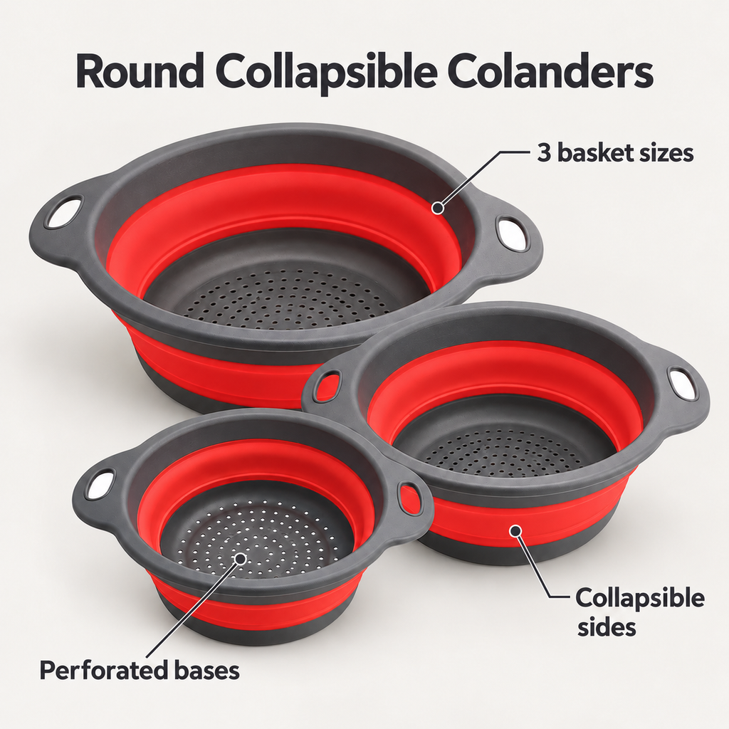 Round Collapsible Colander Set with Single and Multi-Basket Options - Red - 3 baskets - feature