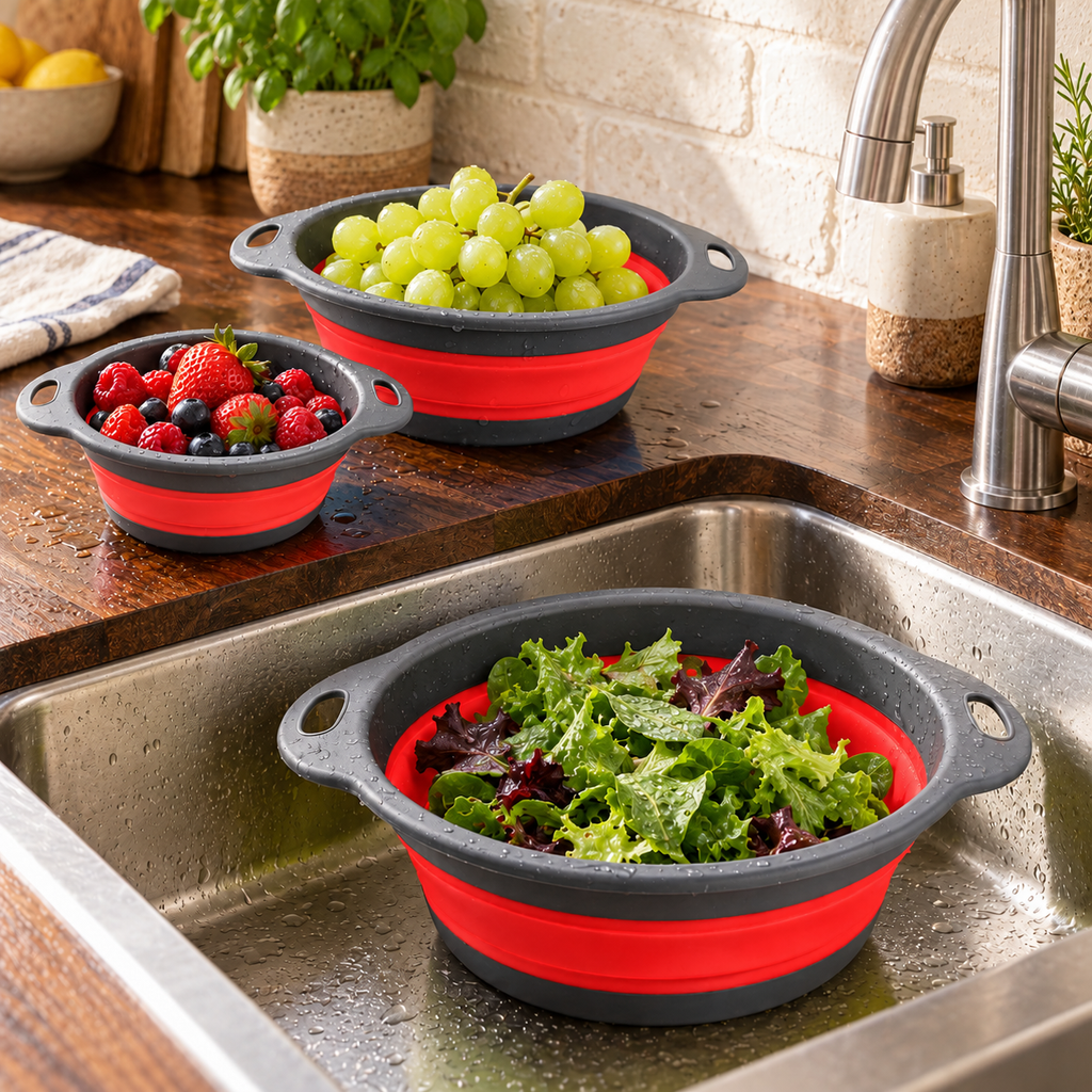 Round Collapsible Colander Set with Single and Multi-Basket Options - Red - 3 baskets - lifestyle